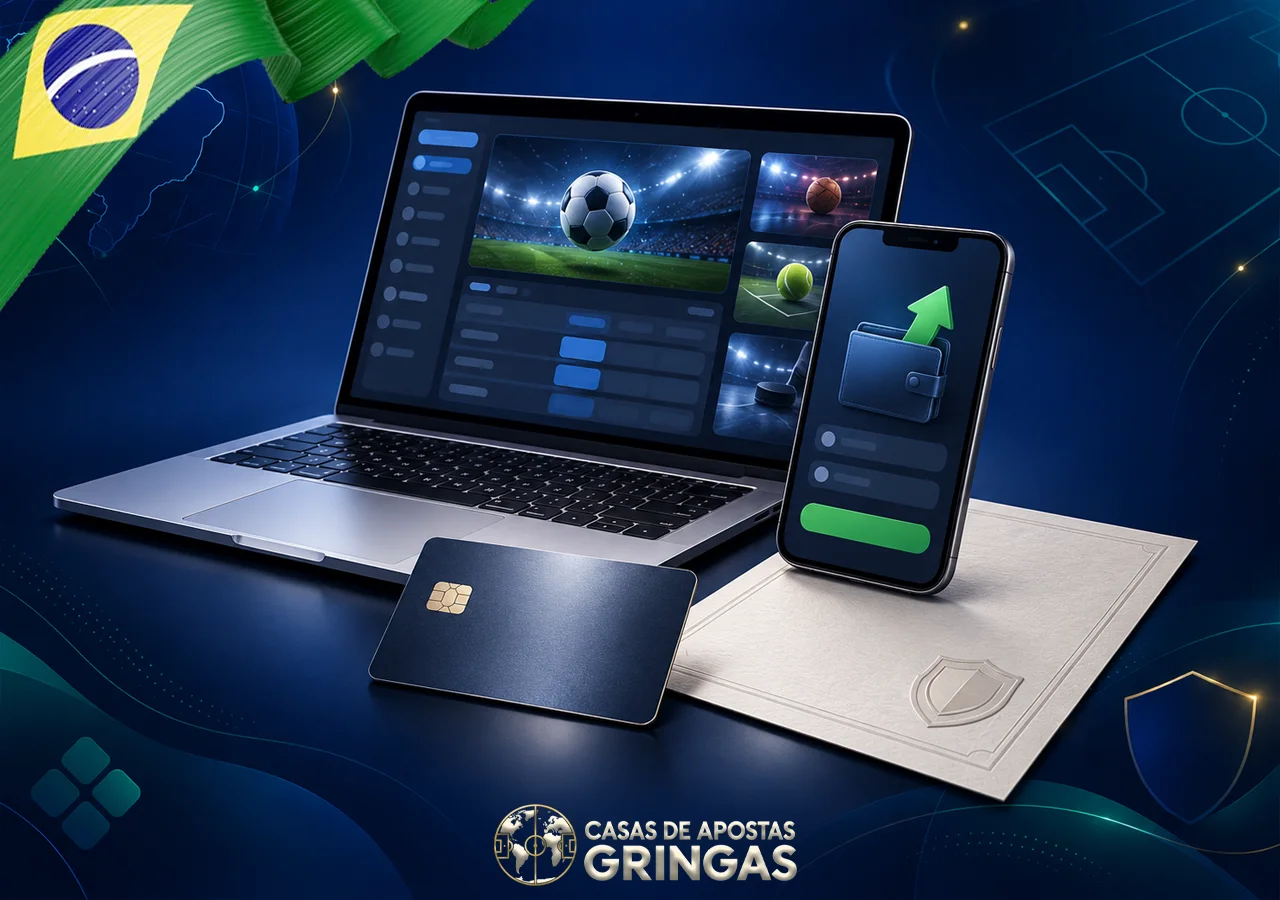 Notebook e celular exibem mercados esportivos ao lado de cartão e documentos